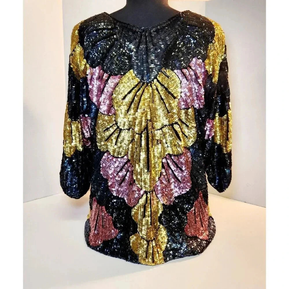 Vintage 1980s Tan-Chho Sequin Silk Blouse Size XL - Picture 4 of 8